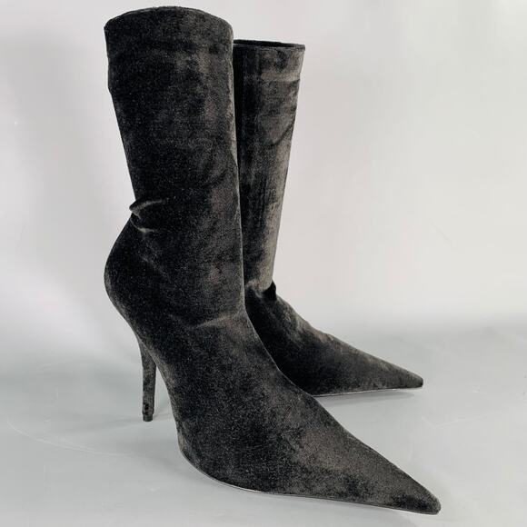 BALENCIAGA Size 7 Knife Black Velvet Pointed Toe Boots - Picture 1 of 8